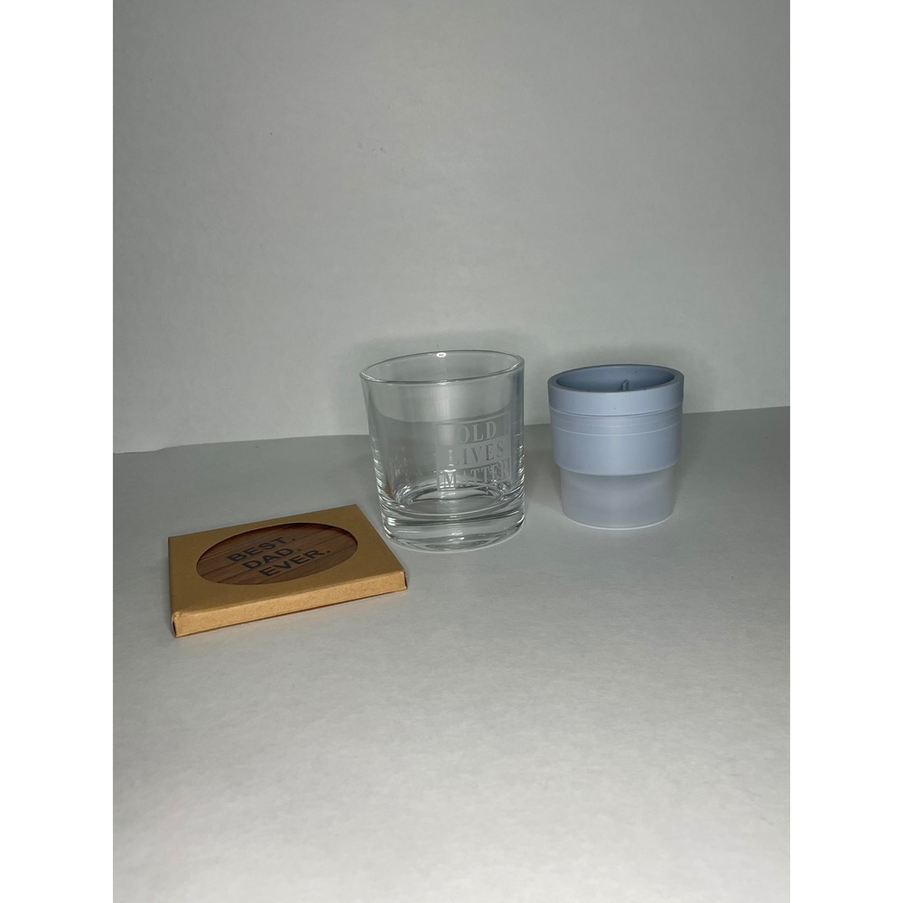 Whiskey Glass Ice Ball Mold and Coaster Gift Set for Dad "Old Lives Matter"